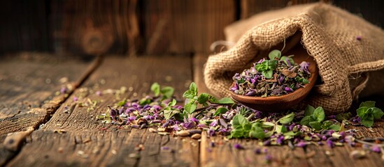 Aromatic Blend Fresh Lavender and Mint Leaves in a Wooden Bowl Generative AI - obrazy, fototapety, plakaty