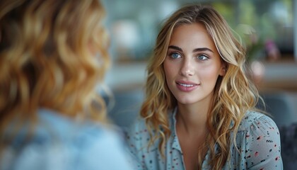 Portrait of a beautiful young woman smiling at someone off camera with a blurry background