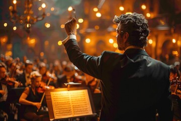 Conductor in tux leading symphony orchestra with baton, in warm candlelight, captivating audience. - obrazy, fototapety, plakaty