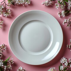 Mockup White plate on a pink table and white flowers