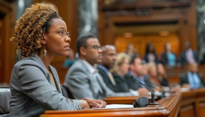 African American Female Politician Listening Attentively at Government Session - obrazy, fototapety, plakaty