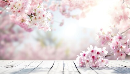 Delicate Cherry Blossoms Over White Wooden Table Welcoming Spring Generative AI.