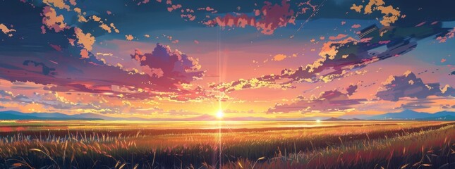 Breathtaking Sunset Over Golden Wheat Fields - A Painterly Sky Generative AI.