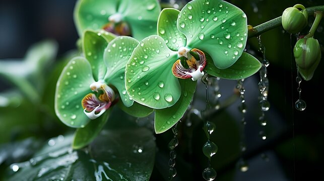 water drops on a green leaf, fresh green orchid flower,