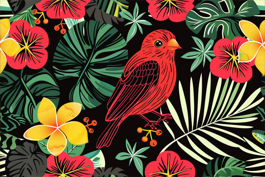 vibrant, seamless pattern featuring exotic birds, lush foliage, and bright tropical flowers. tropical birds and flowers on black pattern