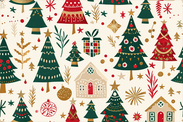A festive Christmas seamless pattern with Christmas trees and decorations that conveys the joy and spirit of the festive season by incorporating elements such as decorated Christmas trees,