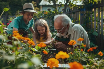 Grandpa takes his grandson to plant flowers in the yard, senior life, the elderly and children, happy family life