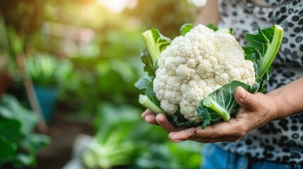 Cauliflower head held in hand, selection of fresh cauliflower on blurred background with copy space