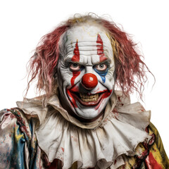 Terrifying scary clown isolated on transparent and white background png. A smiling man dressed in jester costume with a red nose and a multi-colored curly wig with rotten and scary teeth in his smile