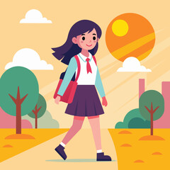 Obraz na płótnie Canvas Vibrant morning as a beautiful student girl strides confidently to school, sunlight casting a warm glow on her, with her backpack slung over her shoulder