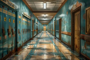 School Vacation banner adorned with images of deserted school corridors, lockers standing silently as if holding memories of the academic year past and anticipation for the adventures ahead - obrazy, fototapety, plakaty