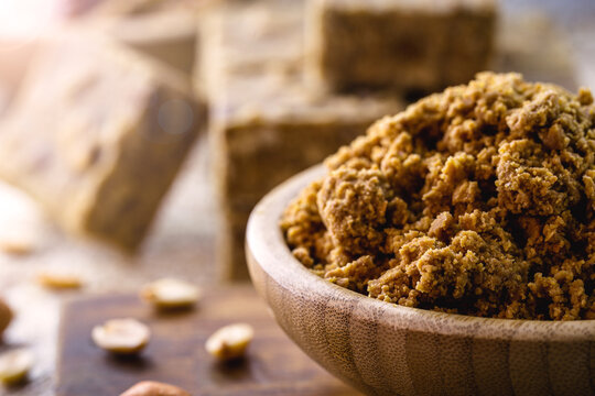 Paçoca, homemade sweet made from ground peanuts, sugar and salt, or corn flour, oat flour or cassava flour. Festa Junina sweet, country lifestyle.