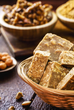 pé de moleque, a typical sweet of Brazilian cuisine, made from a mixture of roasted peanuts and rapadura. Festa Junina sweet, country lifestyle.