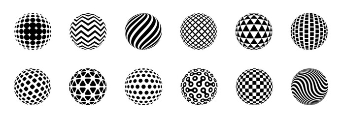 Dotted halftone sphere. Striped and checkered 3d spheres with dot particles, abstract spherical balls. Halftone gradient texture isolated vector logo globe shapes