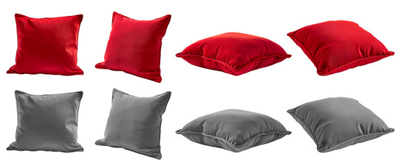  2 Collection set of red maroon grey gray blank cushion pillow cover, front side lying view on transparent cutout, PNG file. Many angle. Mockup template for design