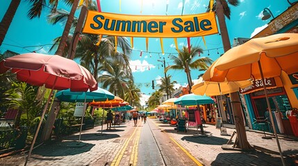 Summer Sale banner adorned with colorful beach umbrellas and palm trees swaying in the breeze, beckoning shoppers with the promise of hot deals and cool savings