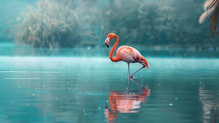 Elegant flamingo standing amidst a serene lake.