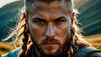 Un homme viking, robuste, de 35 ans, le regard empreint de détermination, incarne la force et la bravoure dans sa posture fière et son allure intimidante.