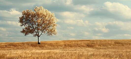 Harvest of Serenity A Single Tree in a Field of Golden Grass Generative AI