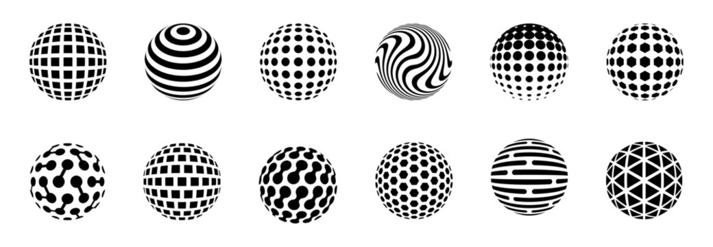 Dotted halftone 3D sphere. Striped and checkered spheres with triangle, hexagon and circle particles, halftone balls. Halftone gradient texture on globe vector orb set