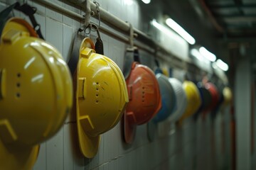 Safety helmets hanging on the wall, row of safety helmets on the factory wall, row of safety helmets on the construction site, work safety and security, safety and security equipment