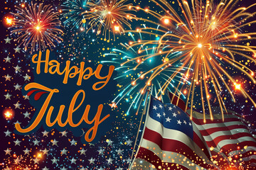 A digital "Happy July 4th" poster with animated fireworks and a glittering American flag