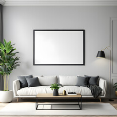 mock up, an empty frame in the interior of the living room, a wall on the background of a sofa