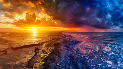 Dramatic ocean sunset, vibrant sky over calm waters, serene natural landscape