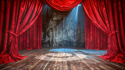 Dramatic red velvet curtain opening on stage, performance and showtime concept