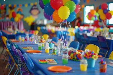 Children's birthday party restaurant, colorful children's restaurant decorated with balloons, children's birthday invitation card