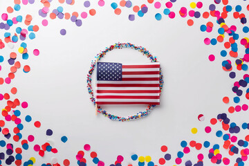 Obraz premium A creative display of the American flag surrounded by a circle of confetti, symbolizing unity and celebration for US Independence Day, all against a clean white background,