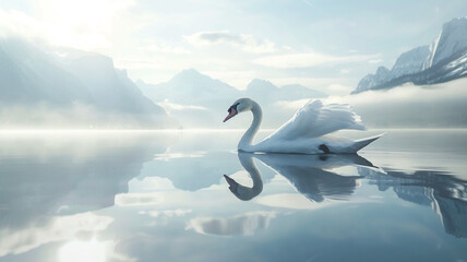 Elegant swan gliding across a glassy lake. - obrazy, fototapety, plakaty