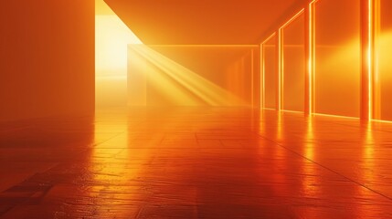 Light coming through windows at the end of long hallway casts orange glow on walls. Contemporary minimalist interior design.