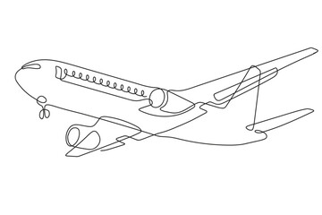 A passenger plane flies in the sky. One line drawing. Continuous line without break. - obrazy, fototapety, plakaty