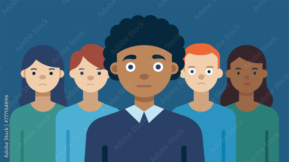 Poster a group photo where one person is slightly out of focus and not included in the center symbolizing t