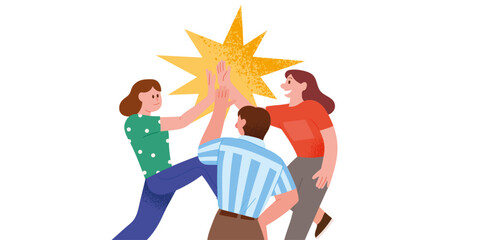 Characters smiling while giving high fives