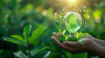 Hand Holding Light Bulb with Green Leaf Symbol
. A concept depicting a hand cradling a light bulb with a glowing green leaf inside, illustrating sustainable energy and eco-friendly innovation in a plu