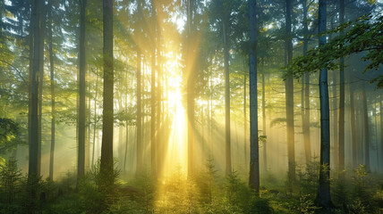 Fototapeta na wymiar Enchanting foggy forest with sunrays piercing through the tall trees.