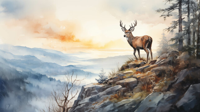 Watercolor image of a deer standing on a cliff.