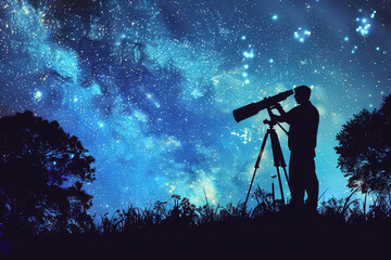 A silhouette of man with an astronomical telescope looks at the stars. The human with telescope and the starry sky, night sky, the Milky Way galaxy