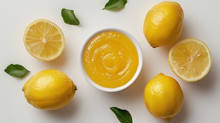 Lemon curd in a white bowl with whole lemons and lemon slices on a white background