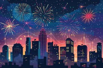 Illustrated fireworks display over city skyline at night.