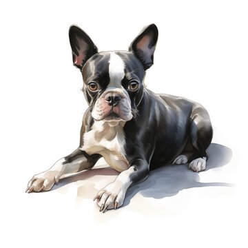 Boston terrier dog. Boston bull terrier clipart. Watercolor illustration. Generative AI. Detailed illustration.