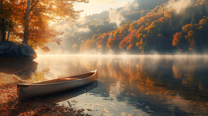 A lone canoe rests on the calm waters of a mist-covered lake, embraced by the warm golden hues of autumn foliage on a crisp morning - obrazy, fototapety, plakaty