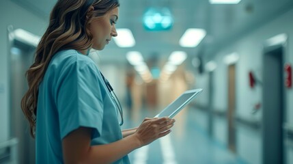 Nurse uses digital tablet for patient record management