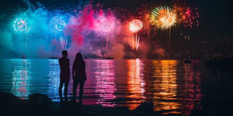 A couple stands by the water watching a vibrant fireworks display reflecting on the surface