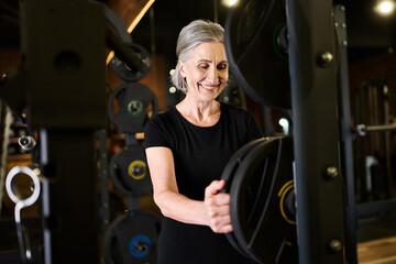 Fototapeta na wymiar positive gray haired senior woman in sportswear looking away next to weight disks while in gym