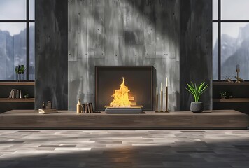 3D rendering of a modern interior design with a fireplace in dark gray and beige colors, concrete...