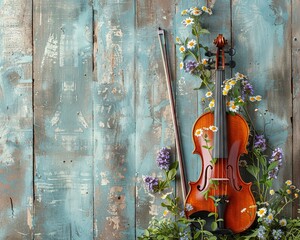 A violin entwined with wildflowers and vines, standing against an aged wooden background , close up