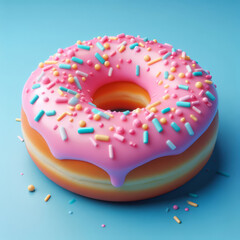 ultra realistic Donut with pink glaze on blue background. 3d rendering - obrazy, fototapety, plakaty